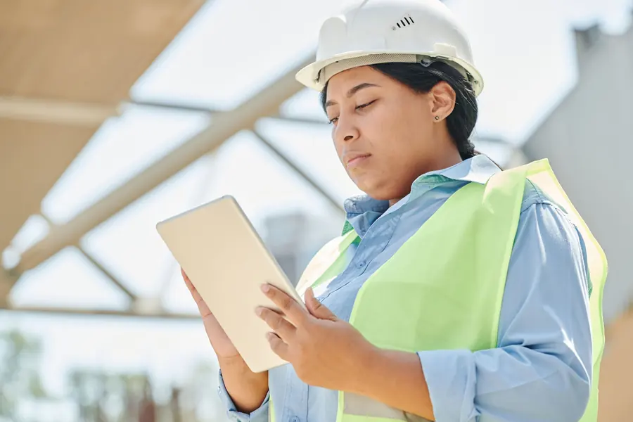 Inspector in a hard hat reviewing notes on a tablet at a job site